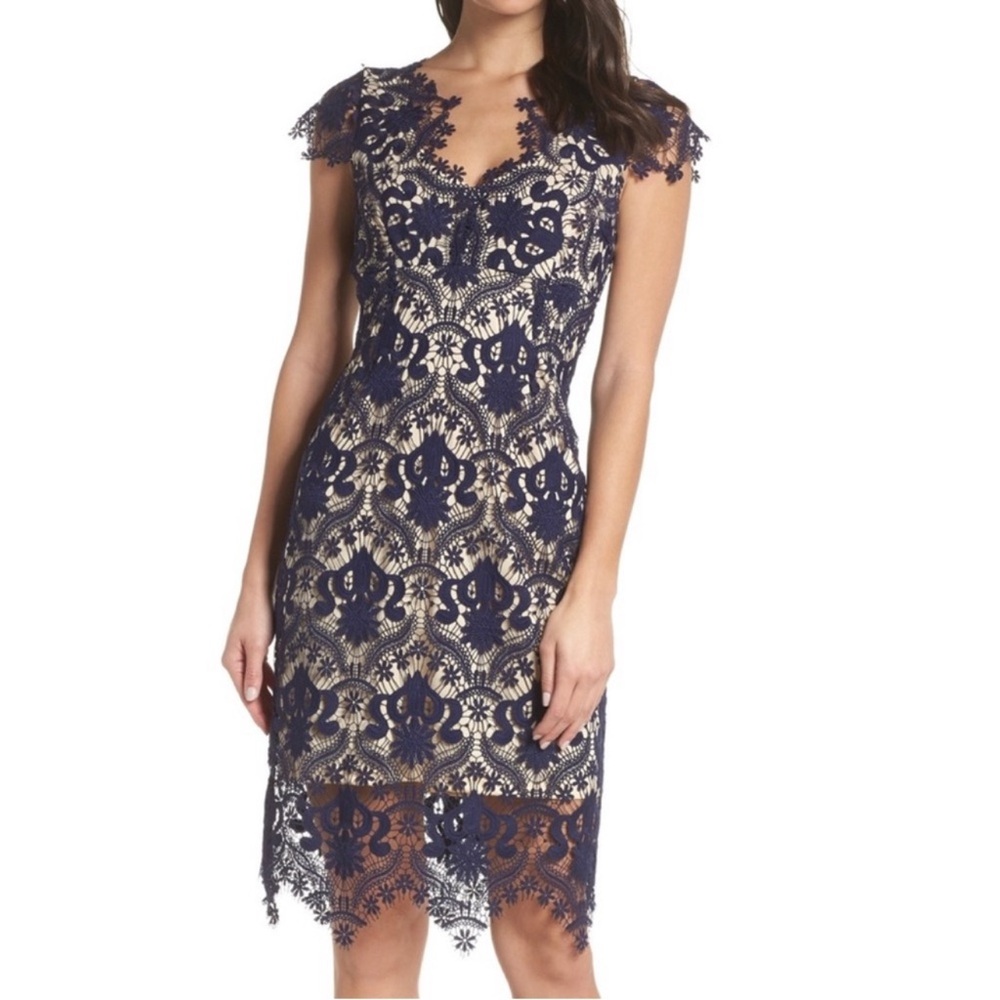 Foxiedox dress Blue lace over cream Size L NWOT
